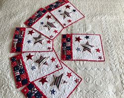 Quilted Independence Day placemats, Set of 6, 4th of July table mats, American flag table topper, Red and blue stars
