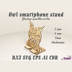 Smartphone stand Owl vector model for laser cut cnc plan, for 3, 4, 5 mm thicknesses, DXF CDR ai eps svg vector files, g