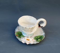 Swan Porcelain Tea cup and saucer Figurine tea set Sculpture bird mug Swan Lake Handmade Collectible Handmade Tea Set
