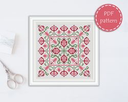LP0022 Folk cross stitch pattern for begginer - Easy xstitch pattern in PDF format - Instant download - Floral pattern