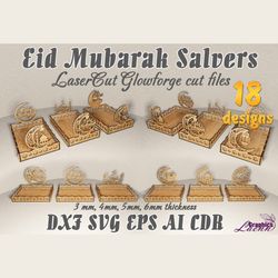 Eid Mubarak salvers files for laser cut, cnc, glowforge, cricut, for 3,4,5,6 mm thicknesses, DXF CDR ai eps svg files, i