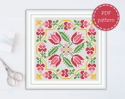 LP0089 Folk cross stitch pattern for begginer - Easy xstitch pattern in PDF format - Instant download - Floral pattern