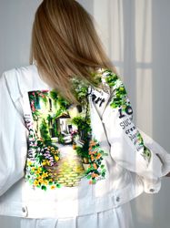 White hand painted summer denim jacket women,  cottagecore print jacket, designer jacket custom, fabric painted clothes