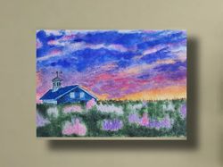 Sunset painting original watercolor art flower fields village landscape 