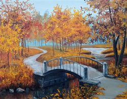 Fall Painting Bridge Original Art Autumn Landscape Painting Fall Tree Art City Park Oil On Canvas 8 by 10