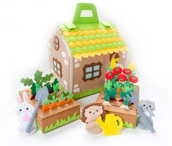 Fairy doll house from felt with garden and 3 board games