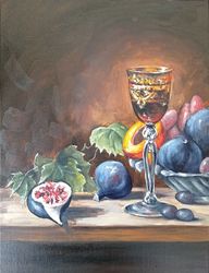 Fig Painting Wine Original Art Fruit Still Life Painting Red Wine Glass Art Vegan Wall Art Fig Art Fruit Painting