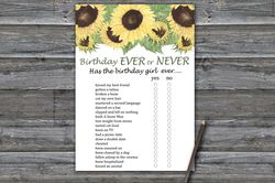 Sunflower Birthday ever or never game,Adult Birthday party game printable-fun games for her-Instant download