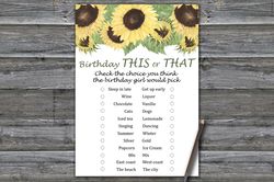 Sunflower This or that birthday game,Adult Birthday party game printable-fun games for her-Instant download