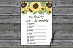Sunflower Birthday Word Scramble Game,Adult Birthday party game printable-fun games for her-Instant download