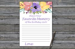 Watercolor flowers Favorite Memory of the Birthday Girl,Adult Birthday party game printable-Instant download