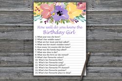 Watercolor flowers How well do you know the birthday girl,Adult Birthday party game printable-Instant download