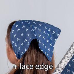Teal blue chambray bandana headband. Handmade cottagecore triangle head scarf with ties. Cotton cherry print kerchief.