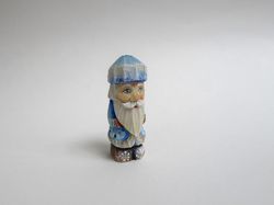 Santa figure,mini Santa, collectible Russian Santa in blue, carved figure, miniature figure