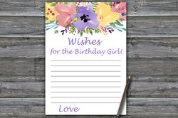 Watercolor flowers Wishes for the birthday girl,Adult Birthday party game printable-fun games for her-Instant download