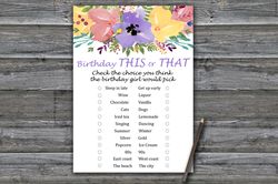 Watercolor flowers This or that birthday game,Adult Birthday party game printable-fun games for her-Instant download
