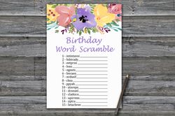 Watercolor flowers Birthday Word Scramble Game,Adult Birthday party game printable-fun games for her-Instant download