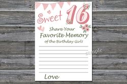 Sweet 16th Favorite Memory of the Birthday Girl,Adult Birthday party game printable-fun games for her-Instant download