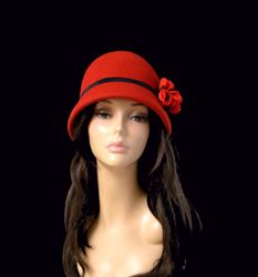 red cloche hat, 1920s style hat, winter hat, felt hat