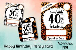 6 Happy Birthday Money Card PNG. Gift card with glitter.