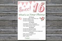 Sweet 16th What's in Your Phone Birthday Party Game,Adult Birthday party game printable-Instant download