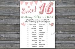 Sweet 16th This or that birthday game,Adult Birthday party game printable-fun games for her-Instant download