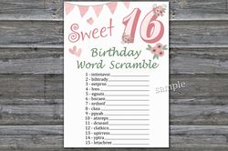 Sweet 16th Birthday Word Scramble Game,Adult Birthday party game printable-fun games for her-Instant download