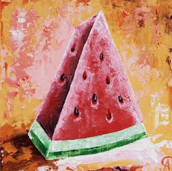Watermelon Painting Fruit Still Life Original Art Kitchen Wall Art Small Oil Artwork  8 by 8 in