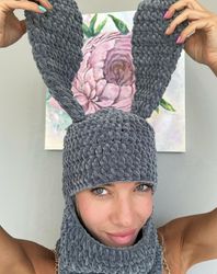 Bunny balaclava Face Mask Crochet Bunny Ears Hat Winter Sexy Ears Balaclava Bed Bunny Ski Mask for Women