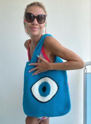 Crochet Tote Bag Large Beach Bucket Bag Turkish Eye Shoulder Bag Boho Evil Eye Bag Handmade Bag Shopping Bag