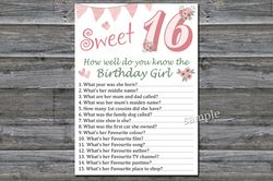 Sweet 16th How well do you know the birthday girl ,Adult Birthday party game printable Instant download