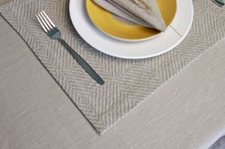 Custom heavy linen placemats set, Farmhouse modern geometric printed table mats, Rustic abstract striped beige placemats