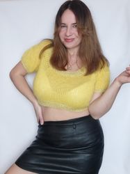 Fluffy mohair sweater top yellow, sexy sheer mohair sweater