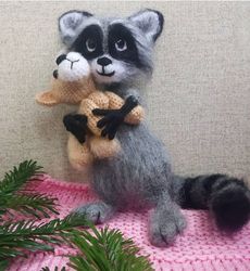 Stuffed animal plush Little fluffy raccoon on wire frame Gray custom raccoon interior toy with doggie