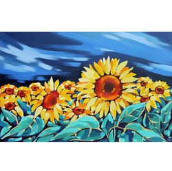 Sunflower Painting Floral Original Art Landscape Artwork Farmhouse Wall Art Oil Canvas 16 by 24 in