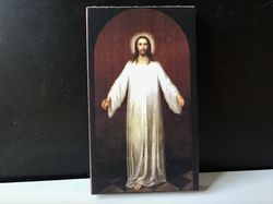 Jesus Christ in white robes, icon print on wood, 6,5 x 4"