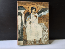 The White Angel of the  Holy Tomb | Quality Icon print mounted on flat wooden plank | Size: 7" x 5"