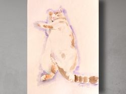 Cat painting original watercolor art pet portrait slipping cat Wight cat painting