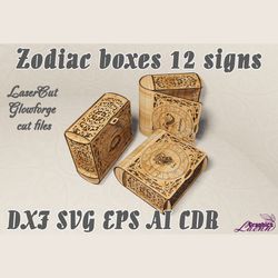 Zodiac 12 boxes vector models for laser cut vectorplan, 3 mm, DXF CDR ai eps svg vector files for laser cut, download
