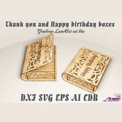 Thank you and Happy birthday boxes vector model for laser cut, 3 mm, DXF CDR ai eps svg vector files for laser cut, gf