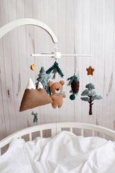 Bear in the forest felt baby crib mobile, Woodland nursery decor, Cot baby mobile, Wild forest animals baby mobile