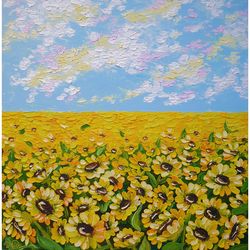 Sunflowers Painting Landscape Original Art Tuscany Wall Art Floral Artwork Flower Field Impasto Oil Painting