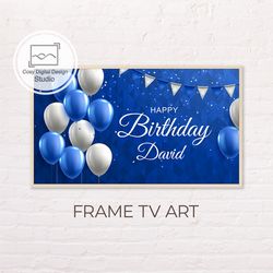 Samsung Frame TV Art | Custom Personalized Blue and White Balloons Lettering Decor Happy Birthday Art for Frame Tv
