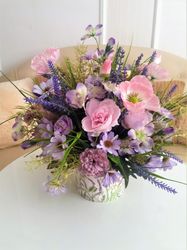 Artificial flower arrangement, Faux lavender centerpiece, Purple flower table decor, French style flower arrangement