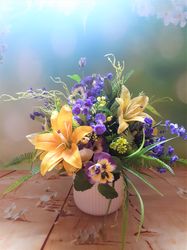 Lilies and pansies arrangement, Silk floral centerpiece, Faux flower arrangement, Purple and yellow flower arrangement