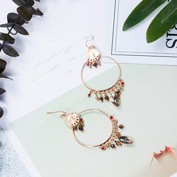 Crystal Beads Golden Big Round Circle Rings Dangle Hanging Drop Earrings for Women Jewelry Accessories Gifts..