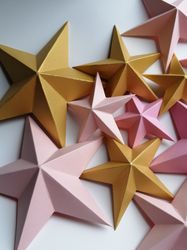 Pink gold 3d paper stars set