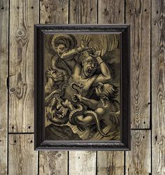 Sinner and demons in hell. Satanic wall decoration. Gloomy art print. Fantastic poster. Demonic style art. 732.