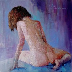 Back. A naked young girl erotically demonstrates her beautiful back. Canvas on cardboard. size 25x25 cm. (10x10 inch)