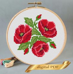 Red poppy cross stitch pattern pdf DIY Design flower digital Small pattern cross stitch